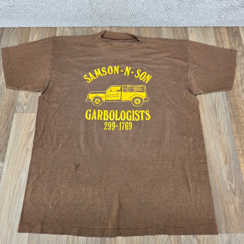Vintage Samson-N-Son Garbologists Trash Hauling‎ T Shirt Single Stitch Brown USA